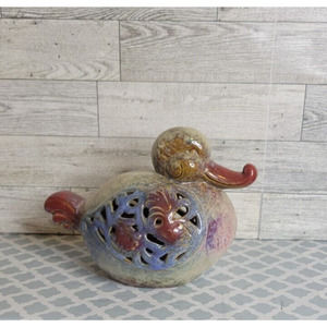 Vintage Duck Pottery Candle Holder Curled Beak Red Blue Tan Ornate Handmade